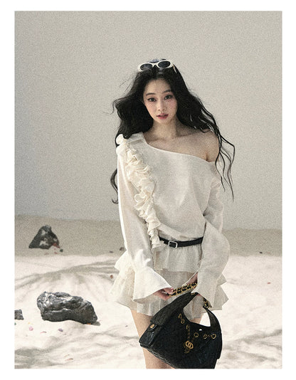 "Petals of Early Summer" Mist White Ruffle One-Shoulder Cake Dress (With Belt) 58648