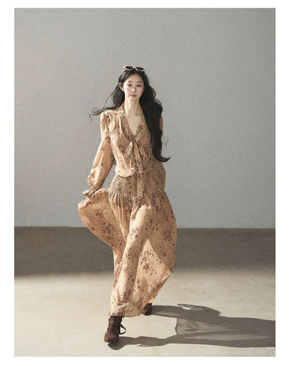 AOMALM - Oatmeal Rose-Print Chiffon Layered Maxi Dress Set