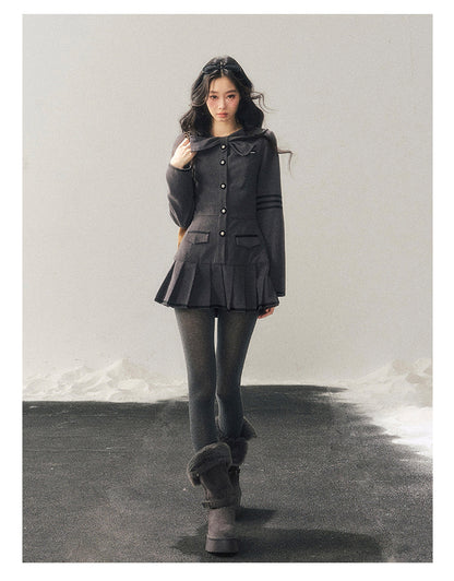 少也眼 “Delicia” Gray Preppy Bow Pleated Dress