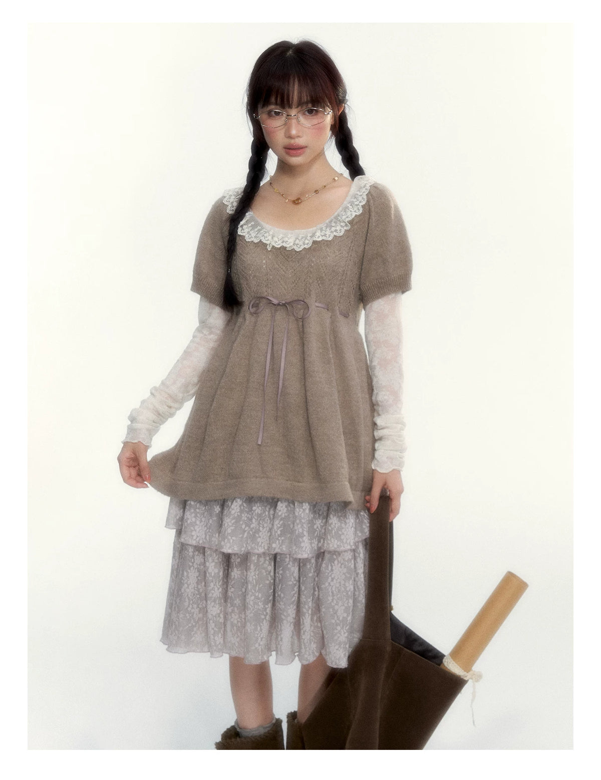 Misty Gray Pink Vintage Lace Tiered A-Line Skirt