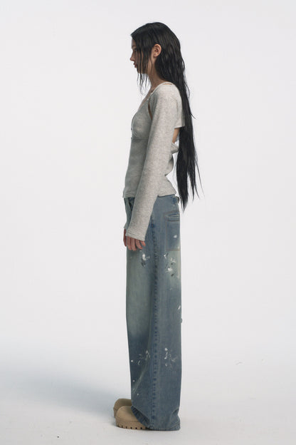 Muirgen - Gray Cut-Out Shoulder V-Neck Knit Top