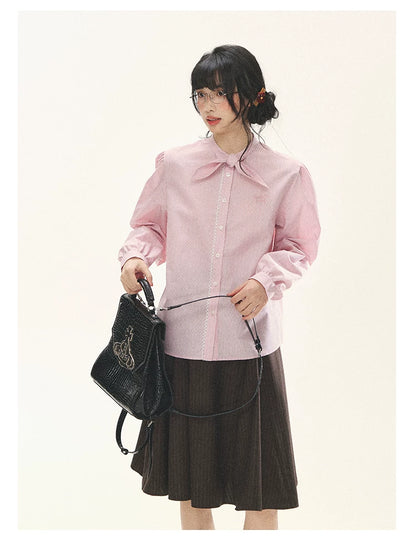 "Blush Poetry" Pink Stripe Cotton Bow Blouse