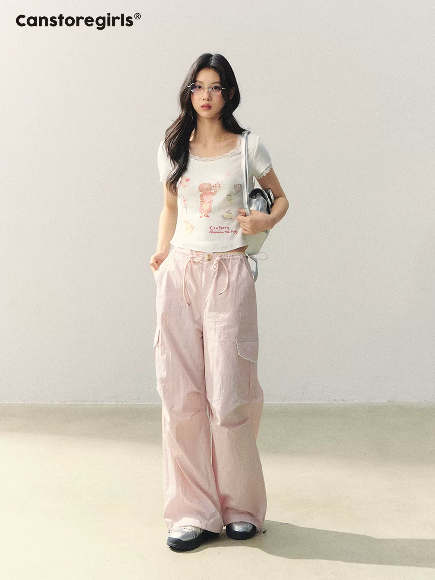 "Puppy Tea Notes" Lace Trim Knit Tee LL2026035