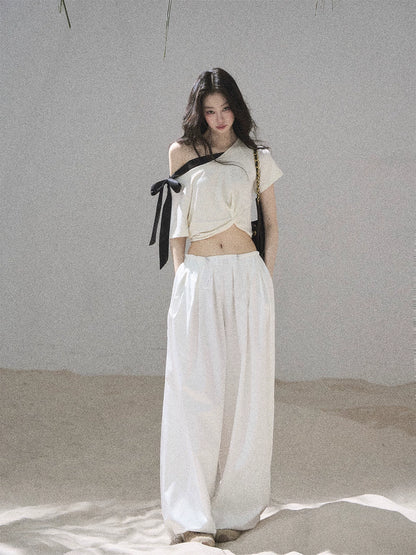 "Moonlight Upon Her" Creamy Apricot Off-Shoulder Twist Cropped T-Shirt