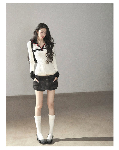 AOMALM - "Soft Moonlight" Cream Almond White American Long-Sleeve Polo Knit Top