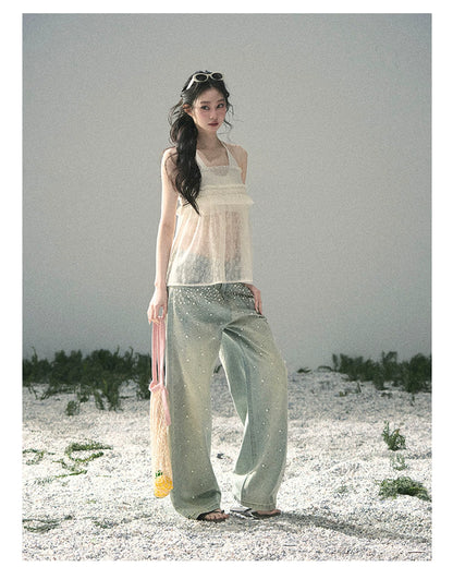 “Shattered Glasslight Veil” Cream Lace Halter Twinset Top