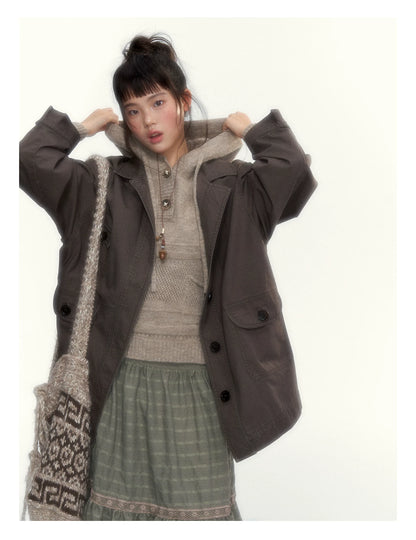 Dark Coffee Brown Washed Cotton Utility Jacket