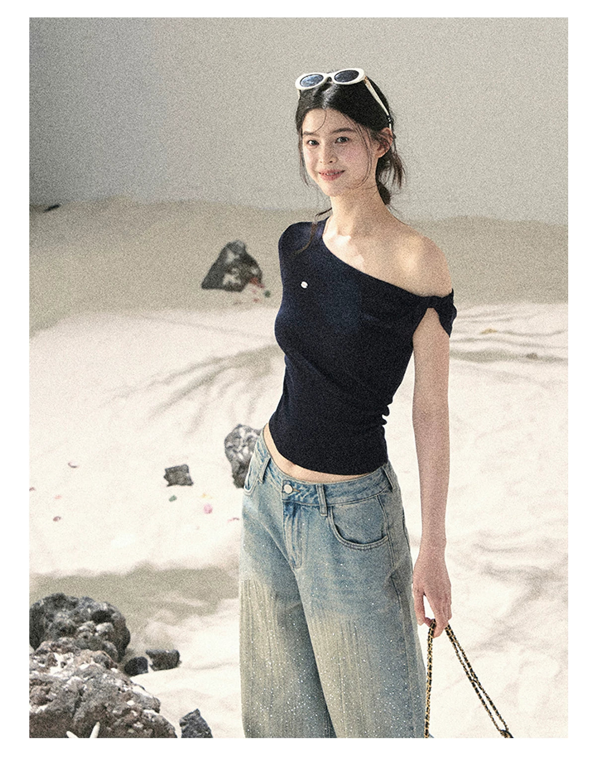 "Shape of the Wind" Navy Blue One-Shoulder Twist Crop Top 6556585