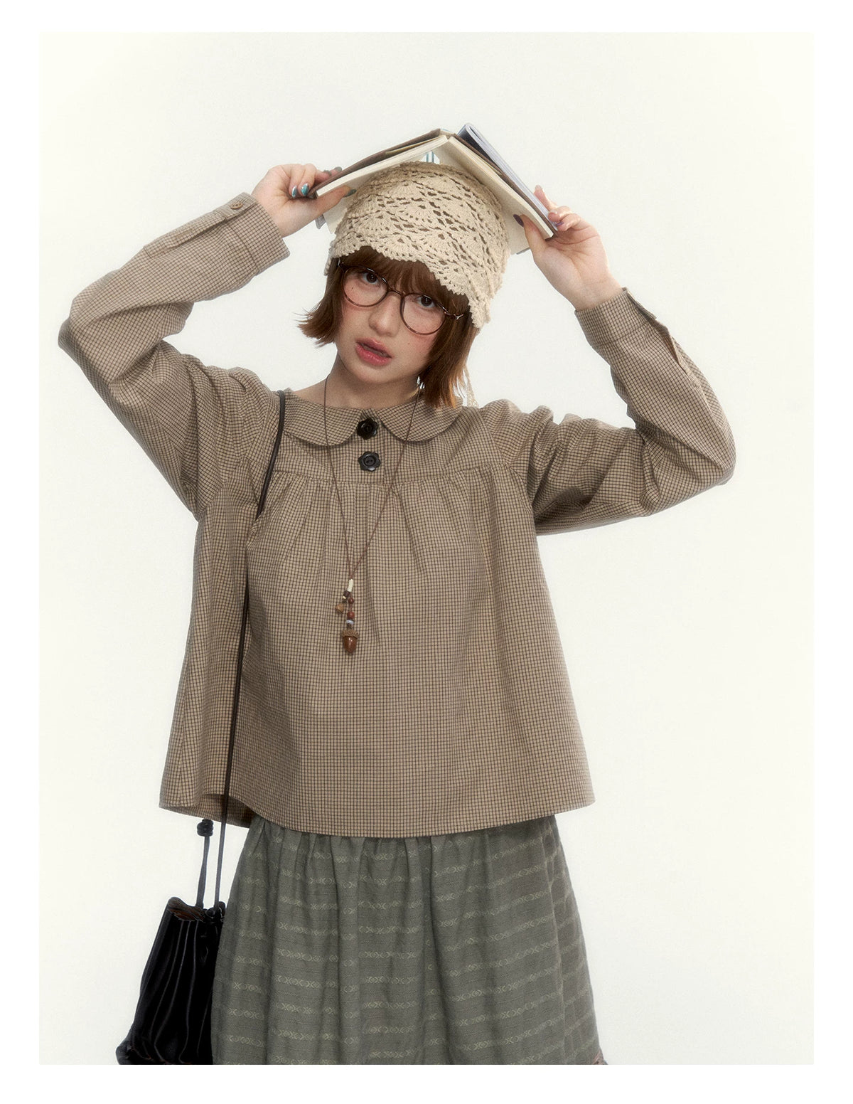 "The Vintage Darling" Light Coffee Plaid Cotton Peter Pan Collar Blouse