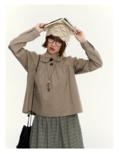 "The Vintage Darling" Light Coffee Plaid Cotton Peter Pan Collar Blouse