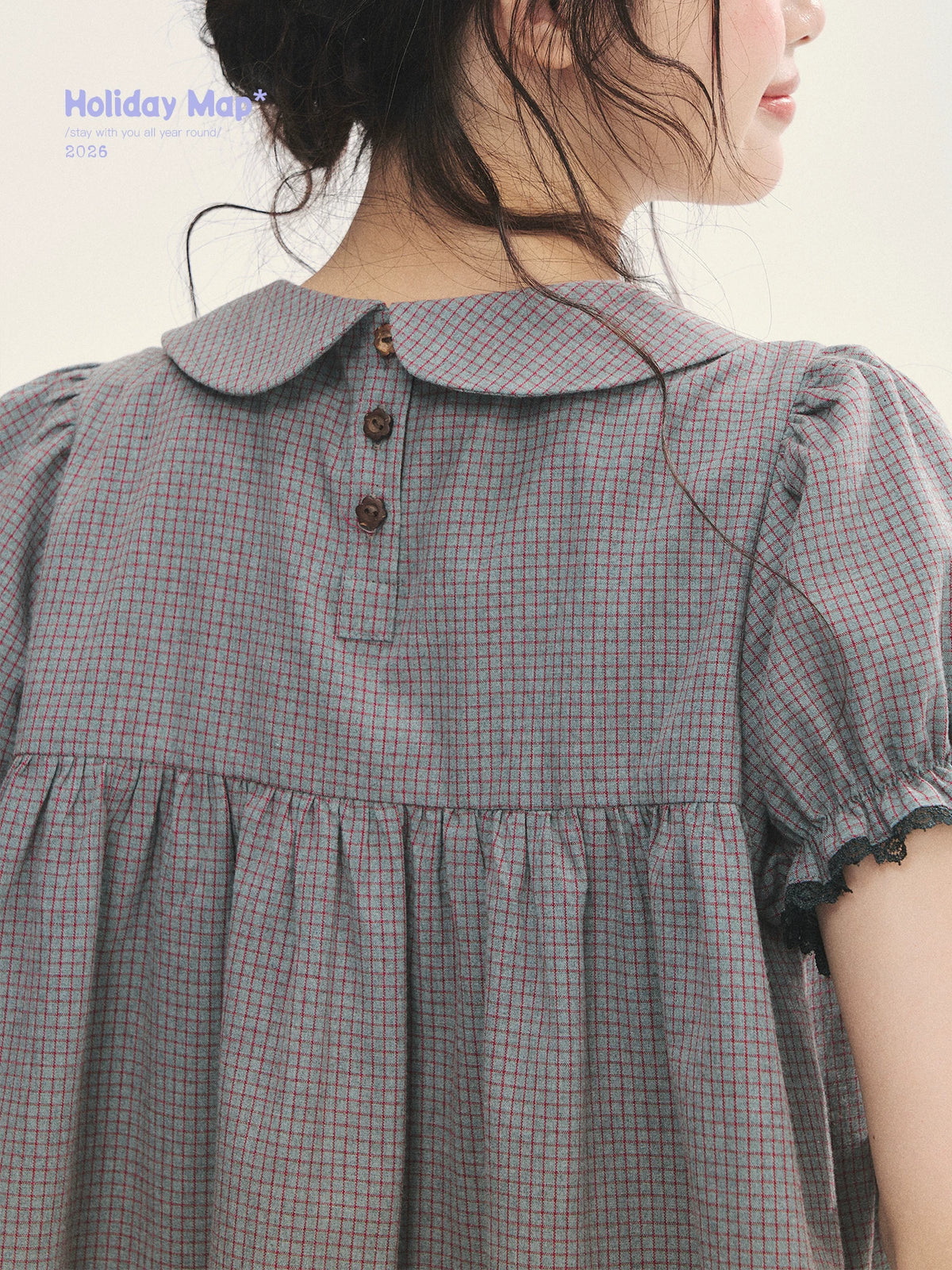 "Sweet Silhouette" Plaid Lace Trim Puff Sleeve Peter Pan Collar Blouse (Red Blue / Red White)