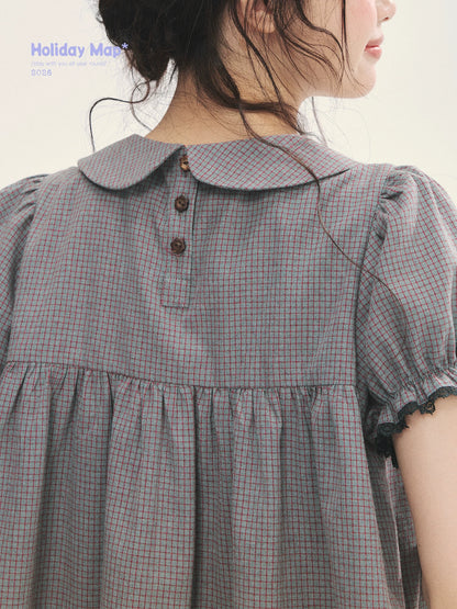 "Sweet Silhouette" Plaid Lace Trim Puff Sleeve Peter Pan Collar Blouse (Red Blue / Red White)