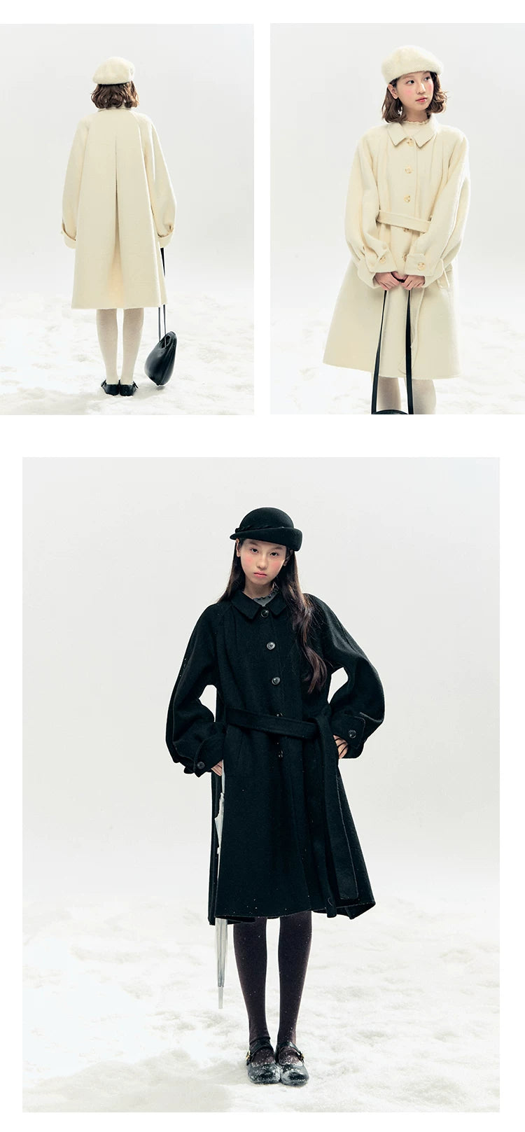 "Black & White Waltz" Hand-Stitched Wool-Blend Swing Coat (Ivory/ Black)