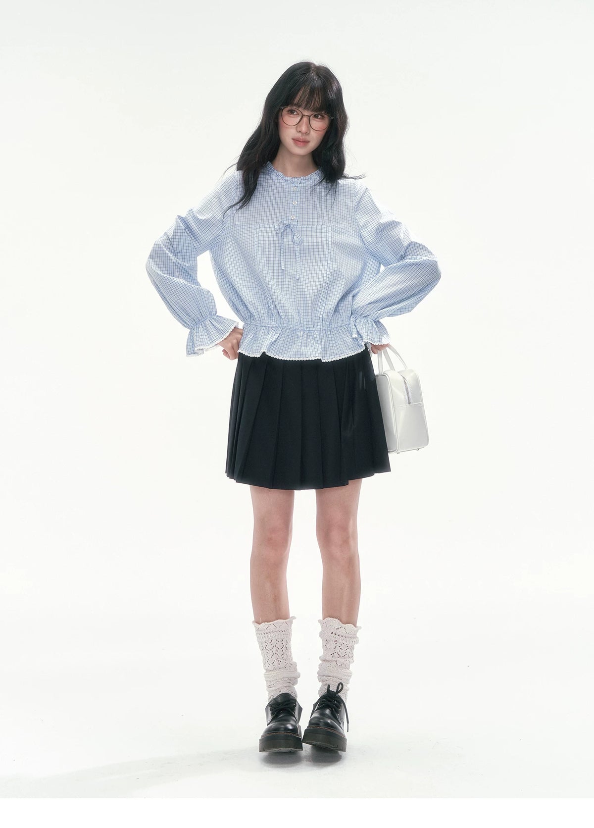 [CAN] Blue Plaid Lace-Trim Bow Tie Blouse