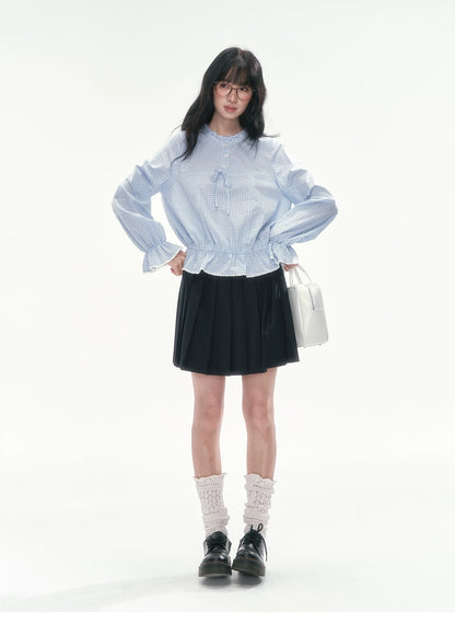 [CAN] Blue Plaid Lace-Trim Bow Tie Blouse