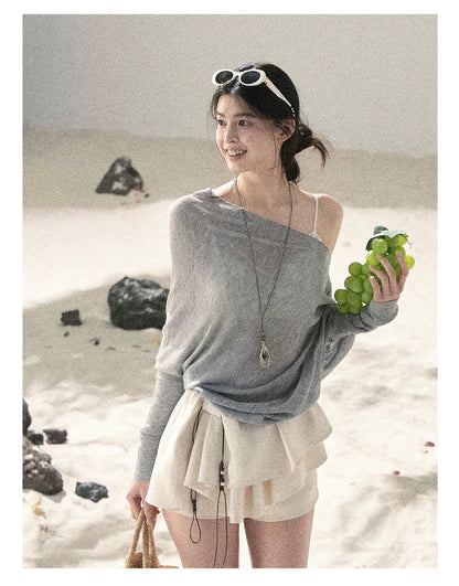 "Misty Veil Whisper" Cloud Trail Gray Off-Shoulder Sheer Sun Protection Top 5345634