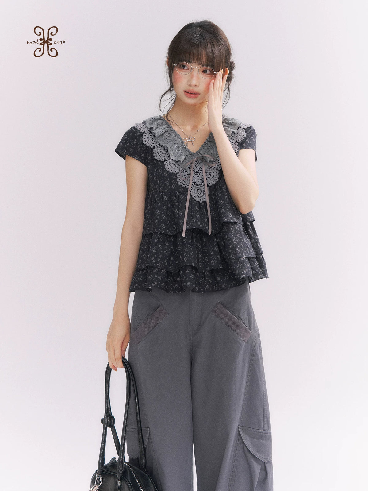 “Midnight Petal” Gray-Black Floral Top & Tiered Dress