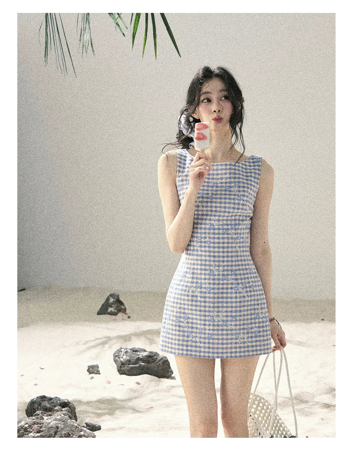 "Sea Breeze Reverie" Sky Blue Embroidered Plaid Mini Dress (With Matching Scrunchie)