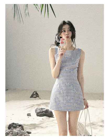 "Sea Breeze Reverie" Sky Blue Embroidered Plaid Mini Dress (With Matching Scrunchie)