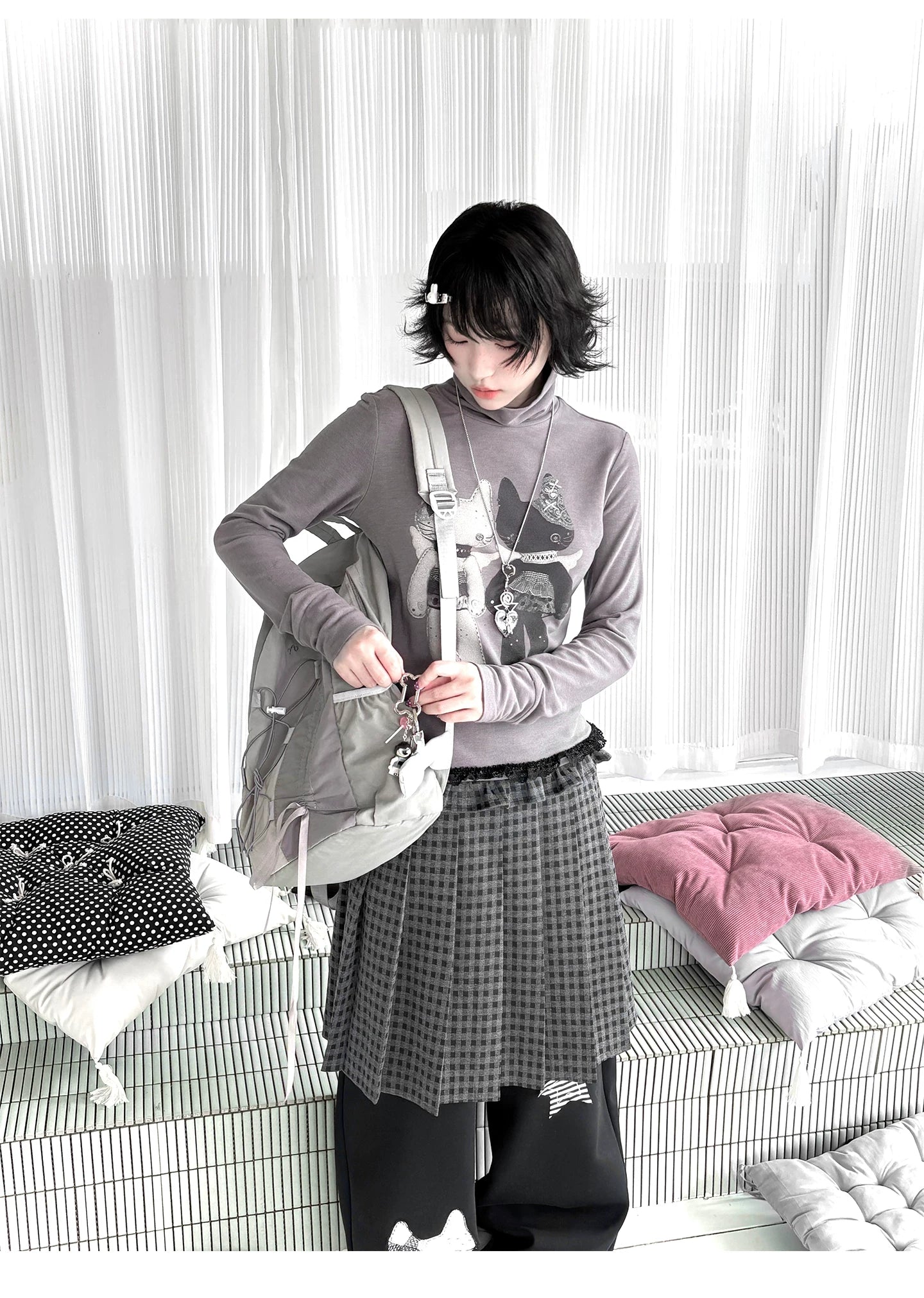 "Forgotten Corner" Mock Neck Gray Base Layer Top & Black Gray Plaid Skirt Set