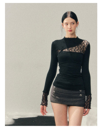少也眼 “Interplay of Illusion” Semi-High Neck Lace Cutout Top - Black