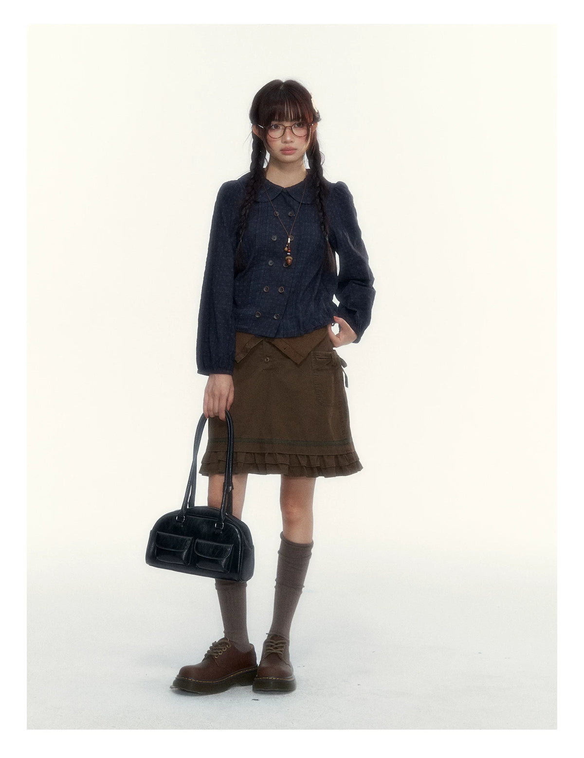 “Wild Caramel” Brown Washed Layered Ruffle Bow Pocket A-Line Skirt