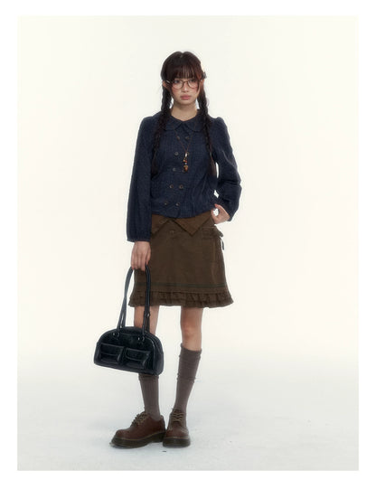 “Wild Caramel” Brown Washed Layered Ruffle Bow Pocket A-Line Skirt
