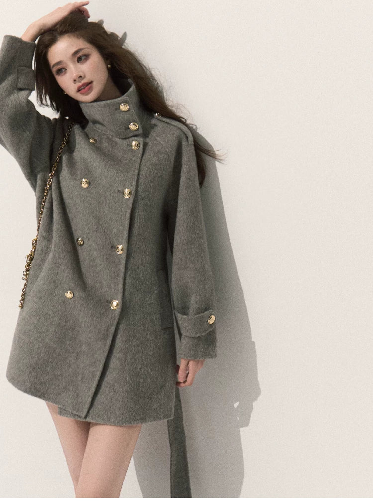 OAKMOO/ Pure Wool Belted Double-Faced Stand Collar Coat (Silver Blue / Flint Gray)