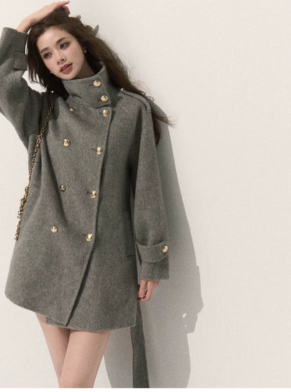 OAKMOO/ Pure Wool Belted Double-Faced Stand Collar Coat (Silver Blue / Flint Gray)
