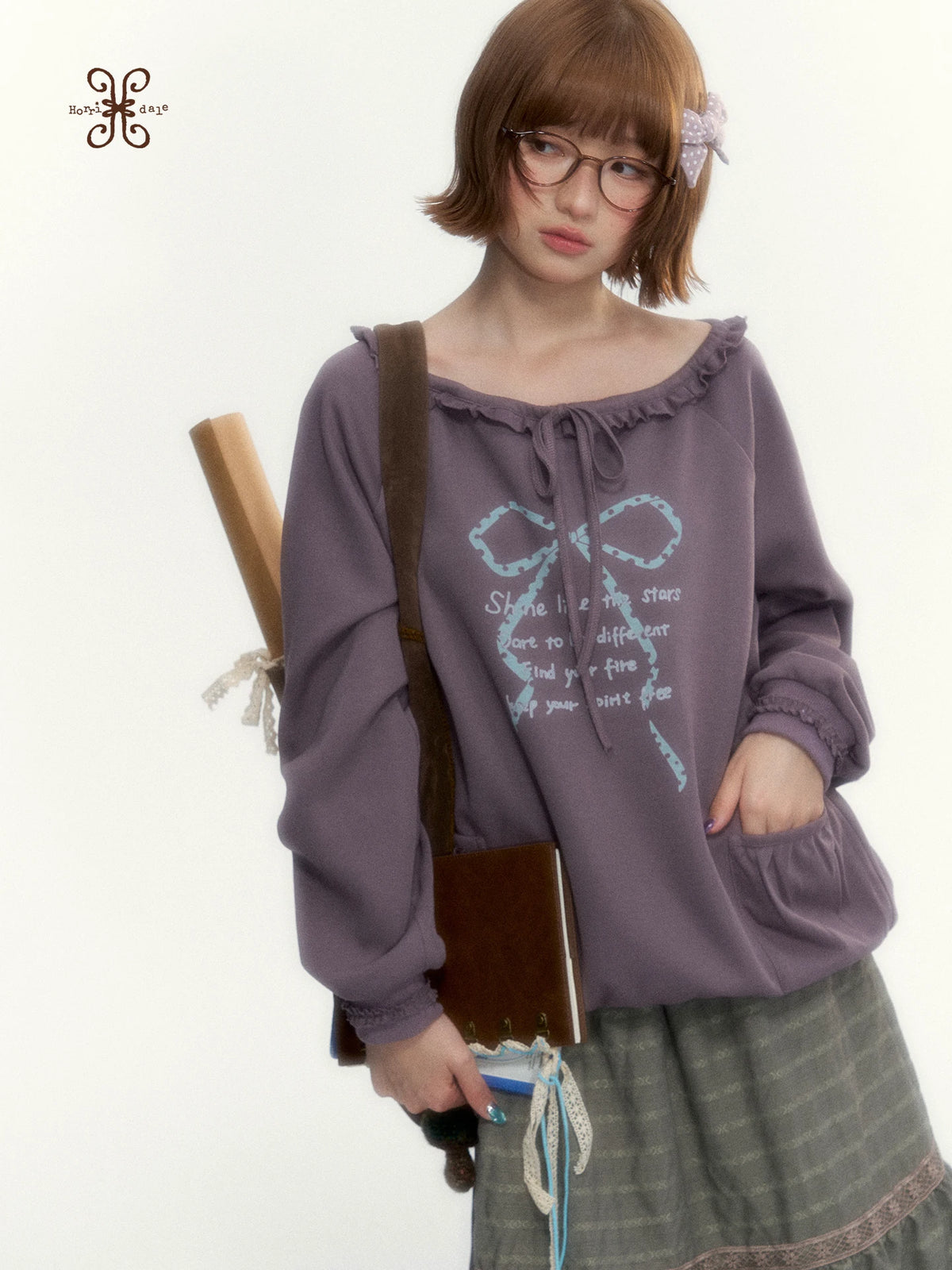 Deep Purple Bow-Tie Lettuce-Trim Off-Shoulder Sweatshirt