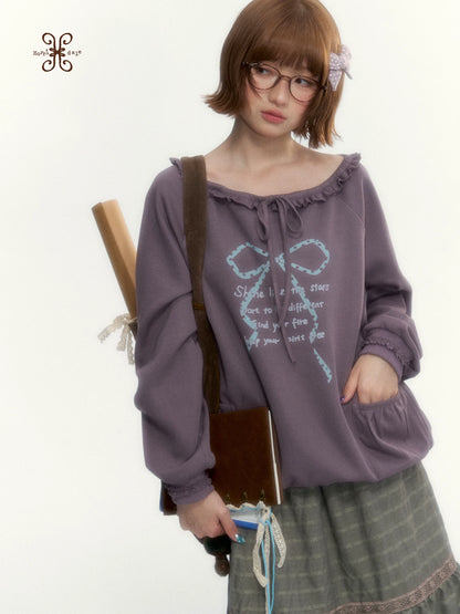 Deep Purple Bow-Tie Lettuce-Trim Off-Shoulder Sweatshirt