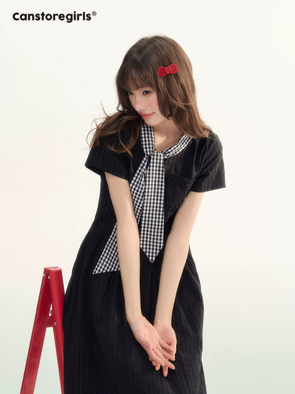 "Summer Ribbon Letter" Tie-Neck Preppy Dress LL2026016