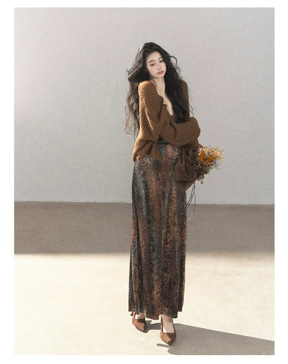 AOMALM - "Draped in Wild Wind" Cocoa Brown Leopard Flocked Bias-Cut Mermaid Maxi Dress (With Matching Hair Tie)