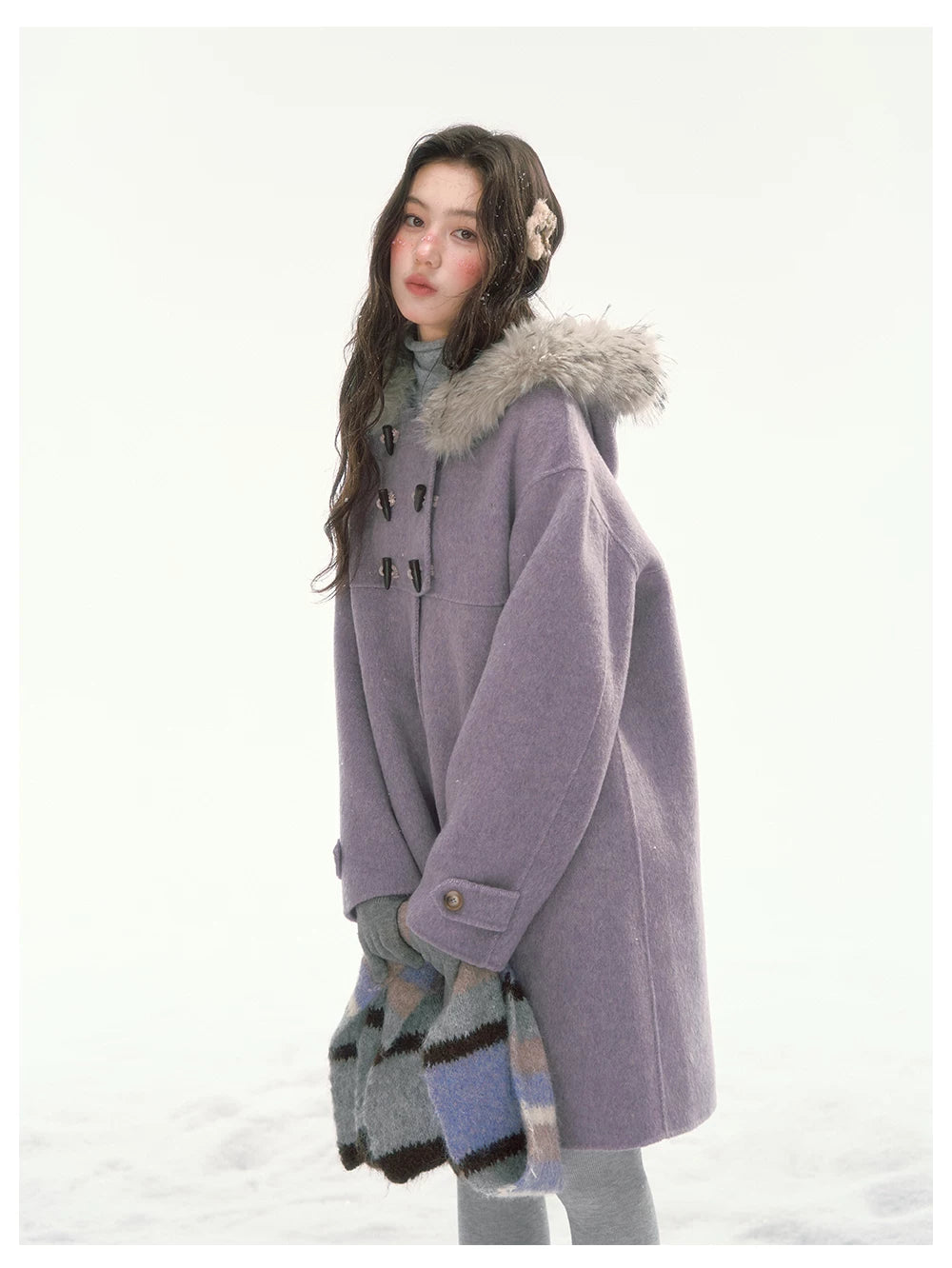 CANSTORE - "Wisteria Isle Lavender" Wool-Blend Hooded Coat with Detachable Faux Fur Collar