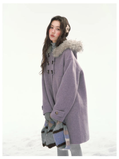CANSTORE - "Wisteria Isle Lavender" Wool-Blend Hooded Coat with Detachable Faux Fur Collar