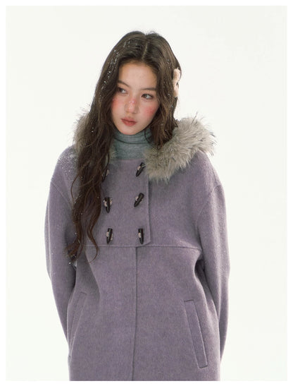 CANSTORE - "Wisteria Isle Lavender" Wool-Blend Hooded Coat with Detachable Faux Fur Collar