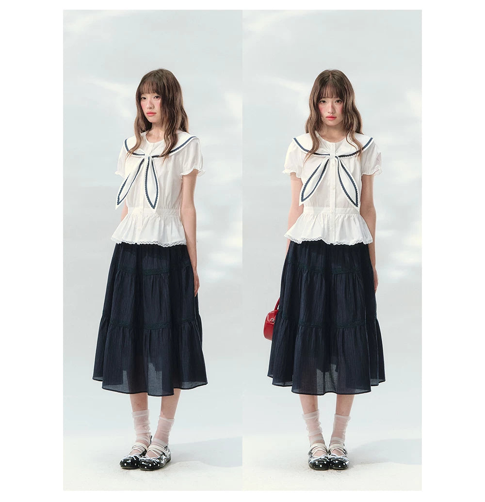 “Letter from Sea Isle” White & Navy Sailor Collar Blouse and Tiered Skirt Set