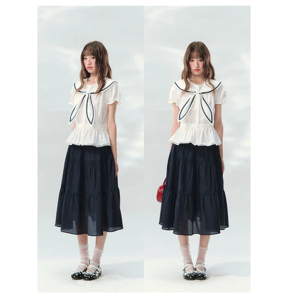 “Letter from Sea Isle” White & Navy Sailor Collar Blouse and Tiered Skirt Set