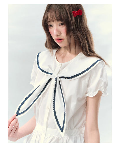 “Letter from Sea Isle” White & Navy Sailor Collar Blouse and Tiered Skirt Set