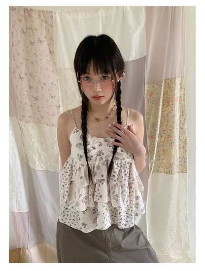 "Among the Blossoms" Soft Gray Floral Cotton Ruffle Cami Top