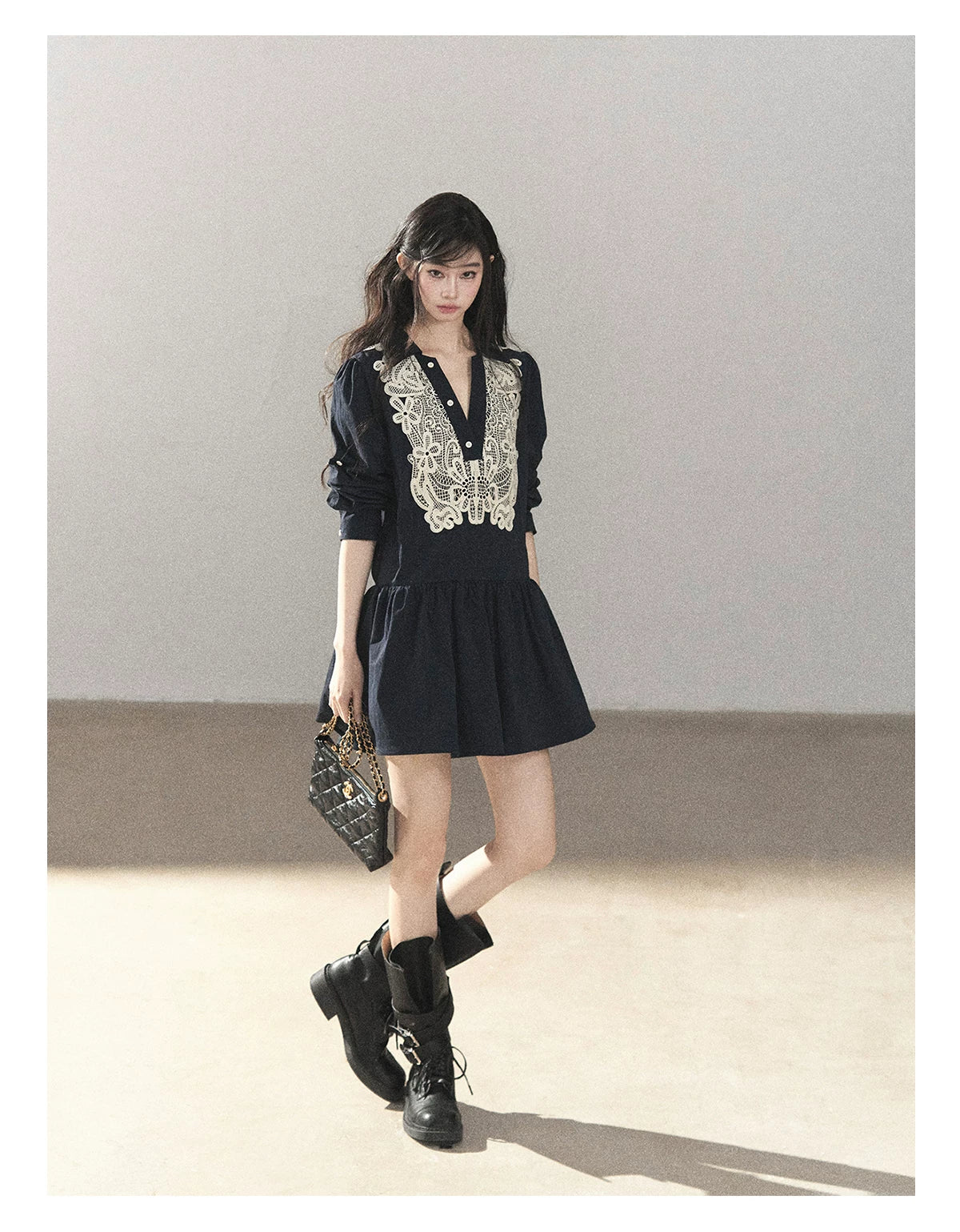 AOMALM - Navy French-Inspired Lace Shirt Mini Dress with Convertible Sleeves