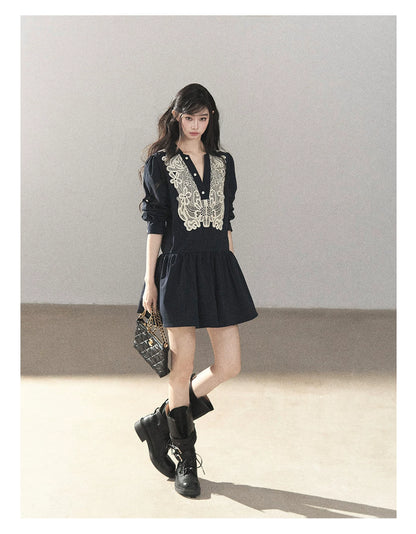 AOMALM - Navy French-Inspired Lace Shirt Mini Dress with Convertible Sleeves