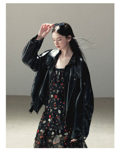 AOMALM - "Solo Journey" Quiet Black Oversized PU Moto Jacket