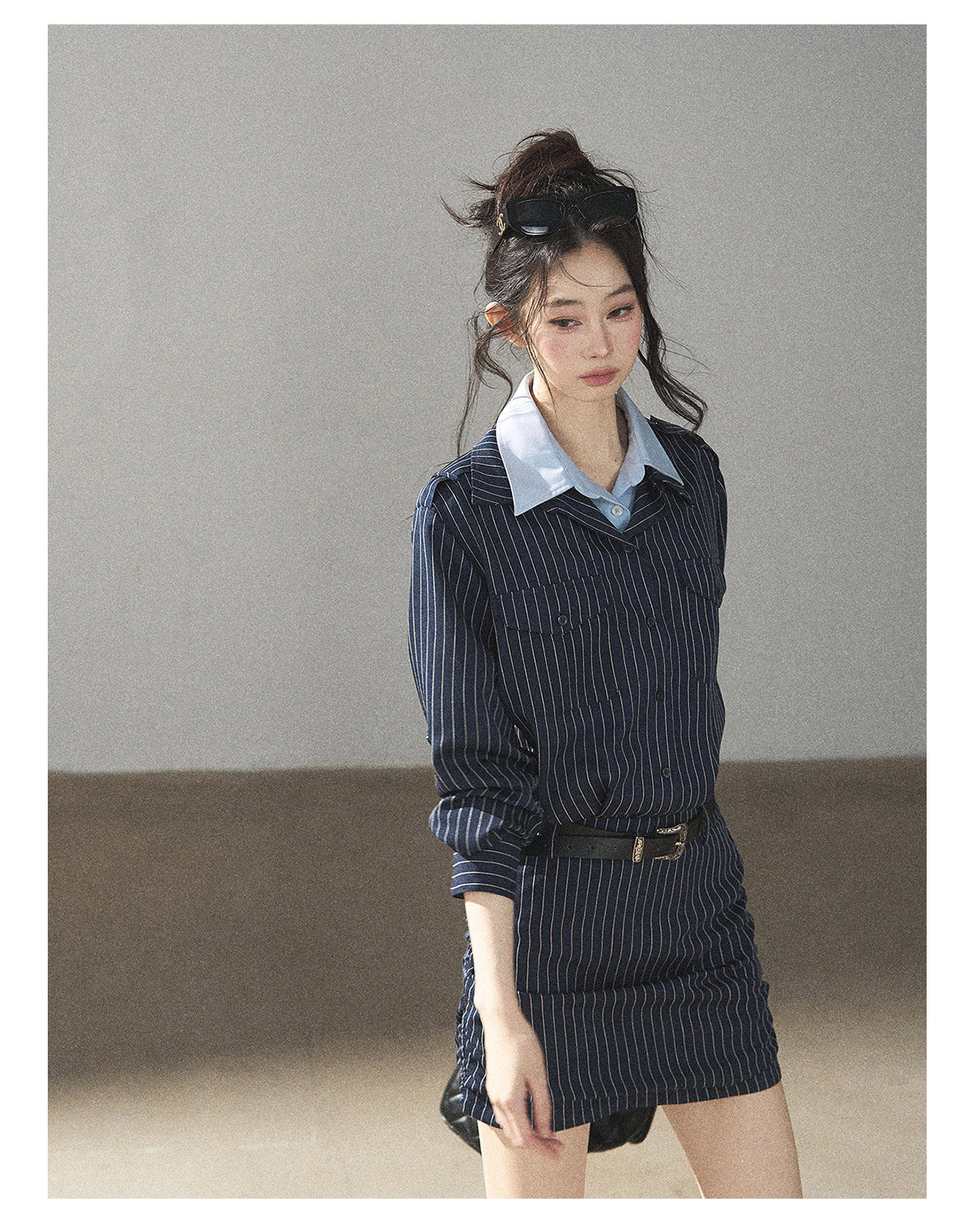 170726 "The Island and the Whale" Deep Slate Gray Layered Stripe Shirt Dress with Belt