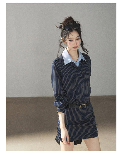 170726 "The Island and the Whale" Deep Slate Gray Layered Stripe Shirt Dress with Belt