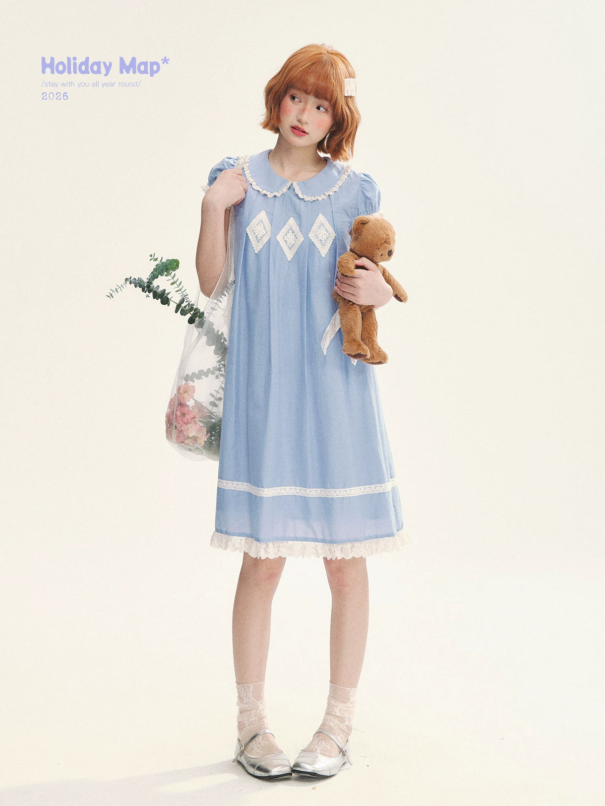 "Sweet Tea Doll" Haze Blue Lace Puff Sleeve Peter Pan Collar A-Line Dress
