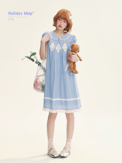 "Sweet Tea Doll" Haze Blue Lace Puff Sleeve Peter Pan Collar A-Line Dress