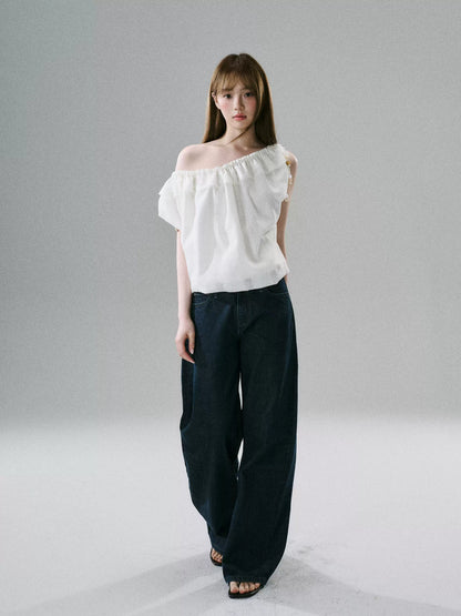 LOST FOREST - Natural Linen-Blend Drawstring Shoulder Top