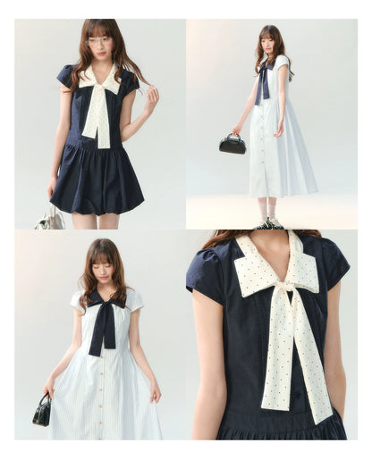 "Midnight Academy Letter" Navy Contrast Collar Dress