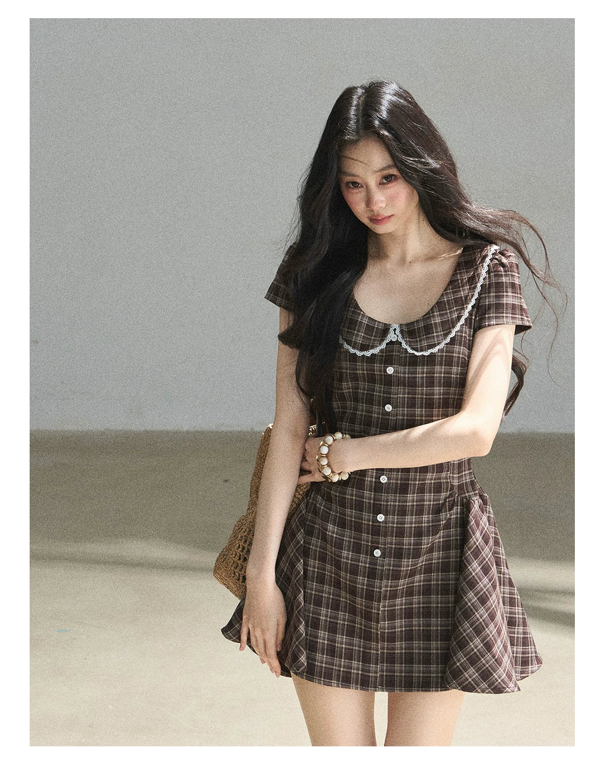"The Camphor Tree in Late May" Chestnut Brown Plaid Peter Pan Collar Babydoll Mini Dress